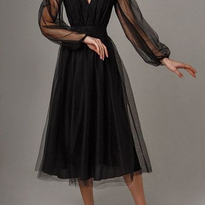 Vintage a-line v neck long sleeves black tea length prom dresses - Thumbnail 5