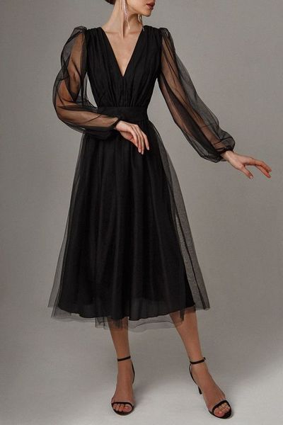 Vintage A-Line V Neck Long Sleeves Black Tea Length Prom Dresses