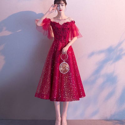 Burgundy tulle sequins prom dress evening dress - Thumbnail 4