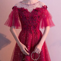 Burgundy tulle sequins prom dress evening dress - Thumbnail 1