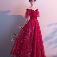 Burgundy tulle sequins prom dress evening dress - Thumbnail 2
