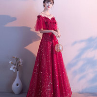 Burgundy tulle sequins prom dress evening dress - Thumbnail 3