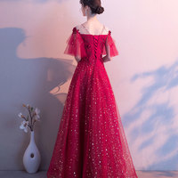 Burgundy tulle sequins prom dress evening dress - Thumbnail 4