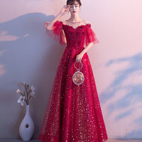 Burgundy tulle sequins prom dress evening dress - Thumbnail 5