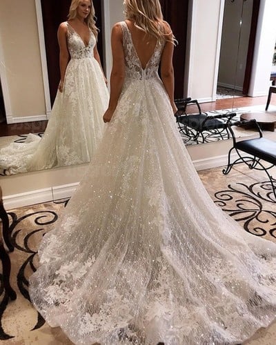 V-Neck Lace Wedding Dresses,Wedding Dress,Custom Made Wedding Gown,559