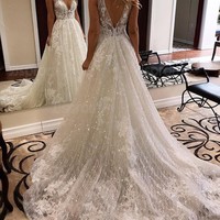 V-Neck Lace Wedding Dresses,Wedding Dress,Custom Made Wedding Gown,559 - Thumbnail 1
