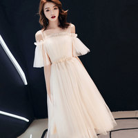 Cute champagne tulle prom dress evening dress - Thumbnail 3