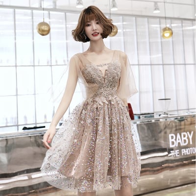 Champagne sequins short prom dress - Thumbnail 3