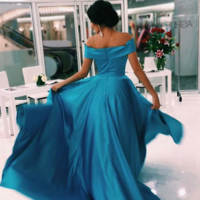 A-line Off the Shoulder Satin Long Prom Dresses - Thumbnail 3