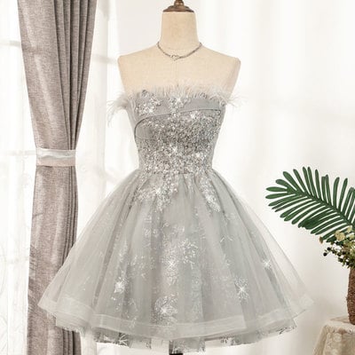 Gray tulle sequins short prom dress - Thumbnail 2
