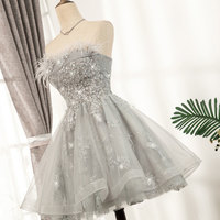 Gray tulle sequins short prom dress - Thumbnail 1