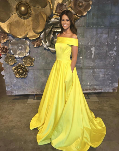 A-line Off the Shoulder Satin Long Prom Dresses