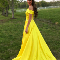 A-line Off the Shoulder Satin Long Prom Dresses - Thumbnail 1