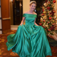 A-line Off the Shoulder Satin Long Prom Dresses - Thumbnail 2