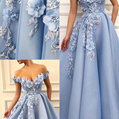 Charming blue tulle flower long prom dresses, sexy blue evening party dress - Thumbnail 5
