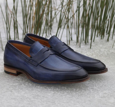 Men's Handmade Navy Blue Leather Loafer Shoes, Men Designer Dress Elegant Shoes