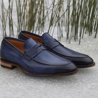 Men's Handmade Navy Blue Leather Loafer Shoes, Men Designer Dress Elegant Shoes - Thumbnail 1
