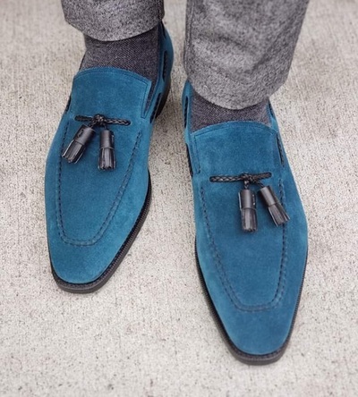 Handmade Men's Best Blue Suede Oxfords Black Tassel Leather Formal Custom Made Shoes