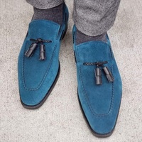 Handmade Men's Best Blue Suede Oxfords Black Tassel Leather Formal Custom Made Shoes - Thumbnail 1