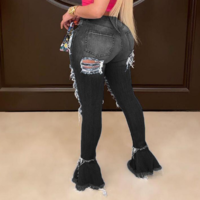 Ripped Bell Bottom Fringe Hem Denim Pants - Thumbnail 3