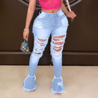 Ripped Bell Bottom Fringe Hem Denim Pants - Thumbnail 1