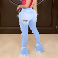 Ripped Bell Bottom Fringe Hem Denim Pants - Thumbnail 5
