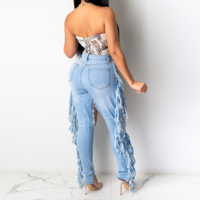 Cutout Tassel Design Buttoned Pockets Denim Pants - Thumbnail 2