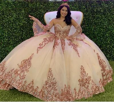 Rose Gold Sparkly Quinceanera Prom Dresses 2020 Modern Sweetheart Lace Applique Sequins Ball Gown Tulle Vintage Evening Party Sweet 16 Dress,560