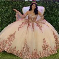 Rose Gold Sparkly Quinceanera Prom Dresses 2020 Modern Sweetheart Lace Applique Sequins Ball Gown Tulle Vintage Evening Party Sweet 16 Dress,560 - Thumbnail 2