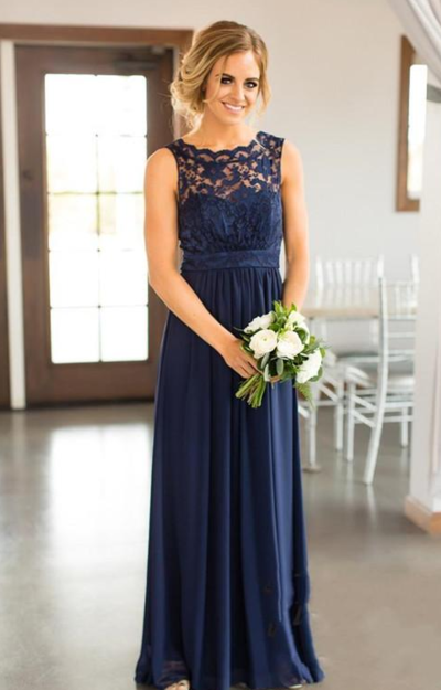 Bridesmaid Dresses Cheap Country For Weddings Navy Blue Jewel Neck Lace Appliques Floor Length Plus Size Formal Maid of Honor Gowns,561