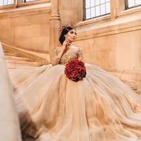 Gold Lace Beaded Crystals Quinceanera Prom Dresses 2020 Sheer Neck Long Sleeves Tulle Evening Party Sweet 16 Dress,564 - Thumbnail 1