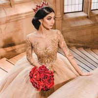 Gold Lace Beaded Crystals Quinceanera Prom Dresses 2020 Sheer Neck Long Sleeves Tulle Evening Party Sweet 16 Dress,564 - Thumbnail 3