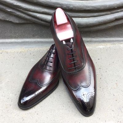 Burgundy black leather wingtip brogue lace up hand maker shoes
