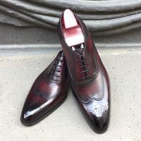 Burgundy Black Leather Wingtip Brogue Lace Up Hand Maker Shoes - Thumbnail 1
