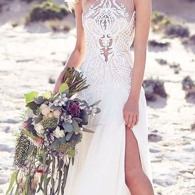 A-line round neck lace wedding dresses with side slit - Thumbnail 5