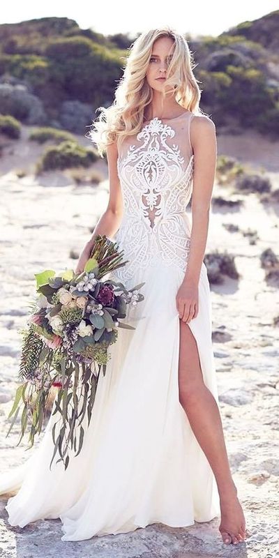 A-Line Round Neck Lace Wedding Dresses with Side Slit