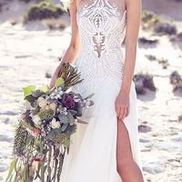 A-Line Round Neck Lace Wedding Dresses with Side Slit - Thumbnail 1