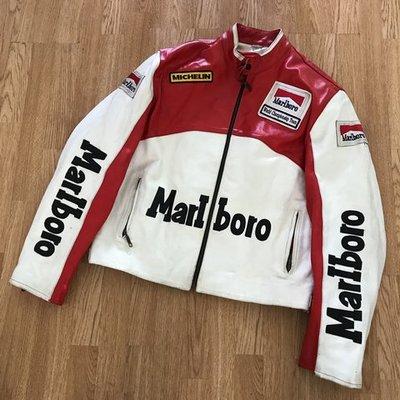 Men's two tone red white marl boro racing motorcycle michelin genuine leather jacket
