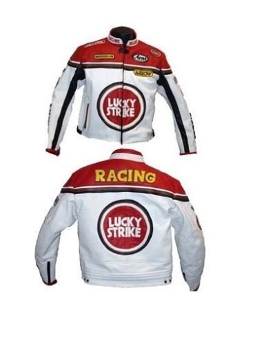 Men's Red White Lucky Strike Motorcycle Racing Biker Leather