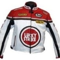Men's Red White Lucky Strike Motorcycle Racing Biker Leather - Thumbnail 1