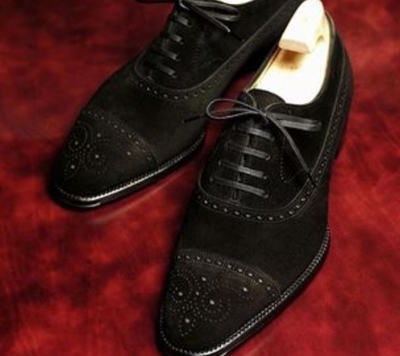 Black Suede Oxfords Western Style Formal Wear Cap Toe Lace Up Shoes