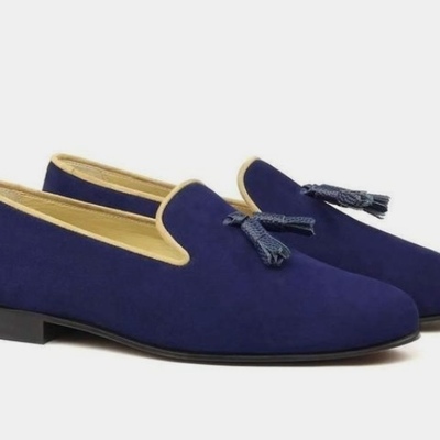 Mens hand craft royal blue tassels loafer suede formal wear shoes