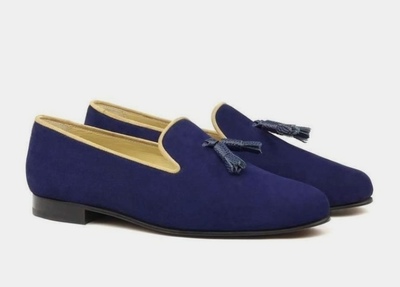 Mens Hand Craft Royal Blue Tassels Loafer Suede Formal Wear Shoes