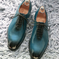Blue Black Tone Narrow Toe Handmade Leather Casual Wear Shoes - Thumbnail 1