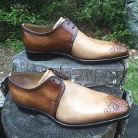 Two Tone Leather Hand Stitch Lace Up Brogues Narrow Tow Formal Mens Shoes - Thumbnail 1
