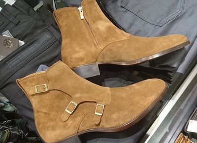 Fashion Tripple Monk Fastening Hand Stitch Brown Suede Formal Cowboy Mens Boot