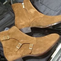 Fashion Tripple Monk Fastening Hand Stitch Brown Suede Formal Cowboy Mens Boot - Thumbnail 4