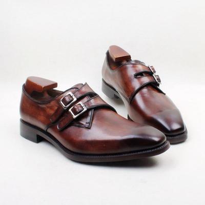Handmade brown double monk leather shoes, men's monk strap formal shoes - Thumbnail 1