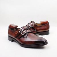 Handmade Brown Double Monk Leather Shoes, Men's Monk Strap Formal Shoes - Thumbnail 1