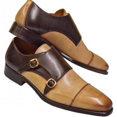Handmade two tone double monk leather shoes, men's formal shoes - Thumbnail 1